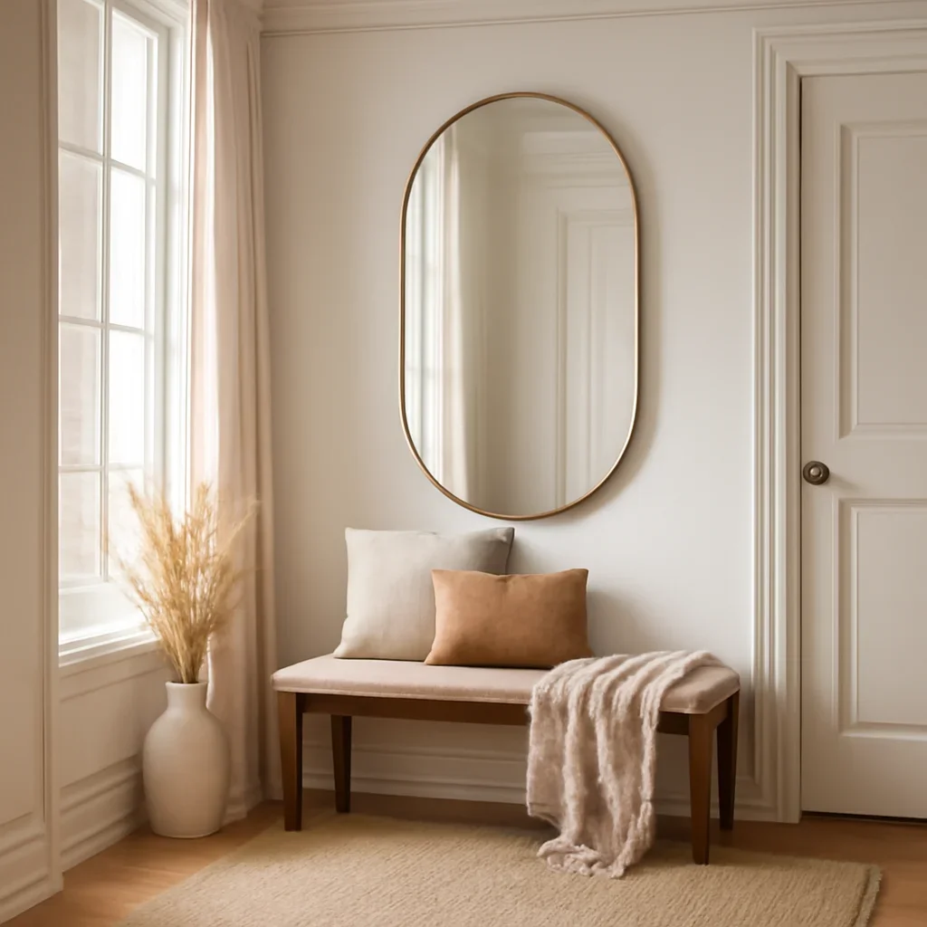Welcoming Montreal entry hall with soft textures, statement mirror, and natural daylight