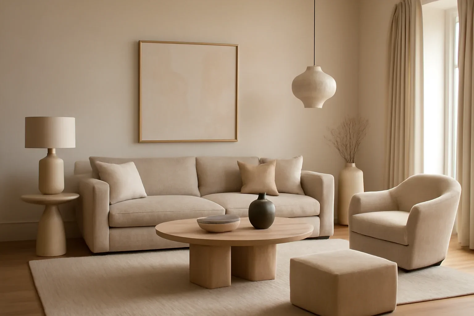 Layered Montreal living room with tailored seating, soft lighting, and warm neutral finishes
