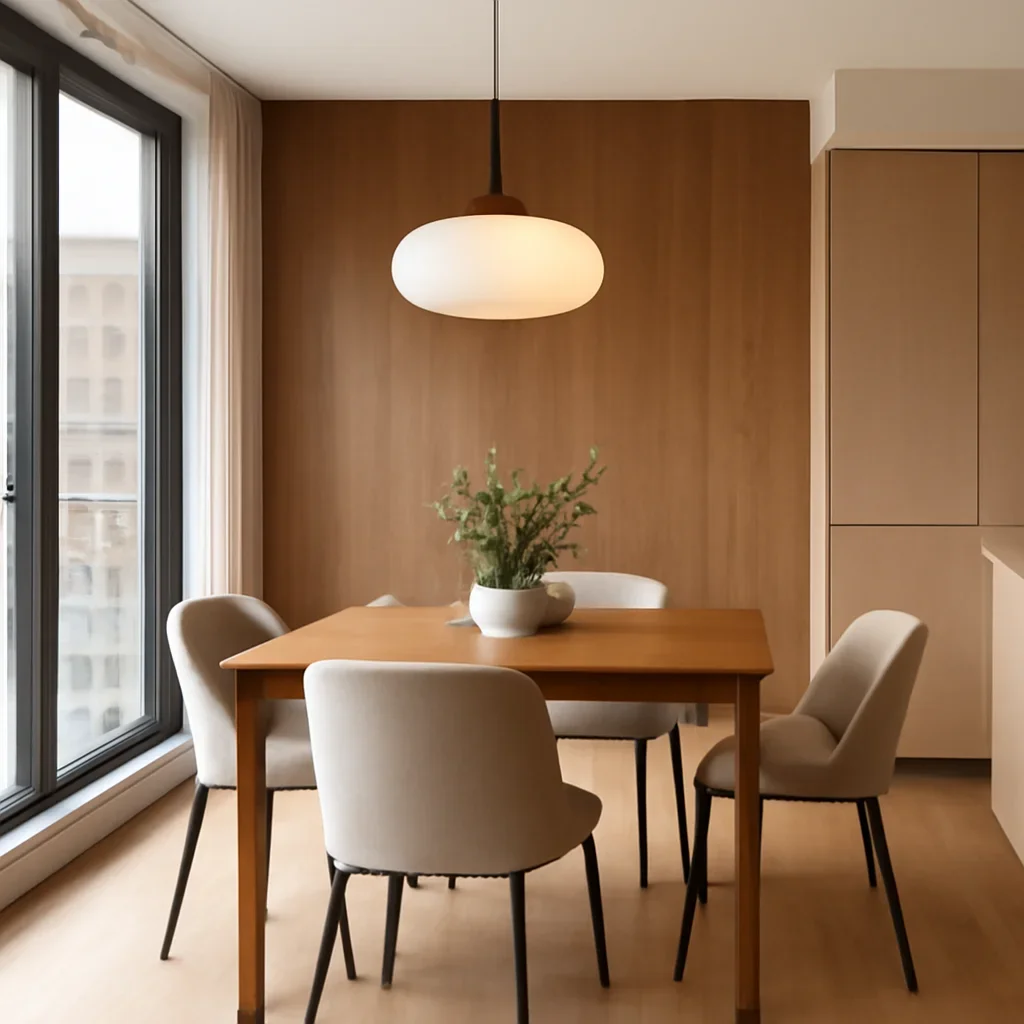 Refined condo dining area with modern lighting and balanced material palette