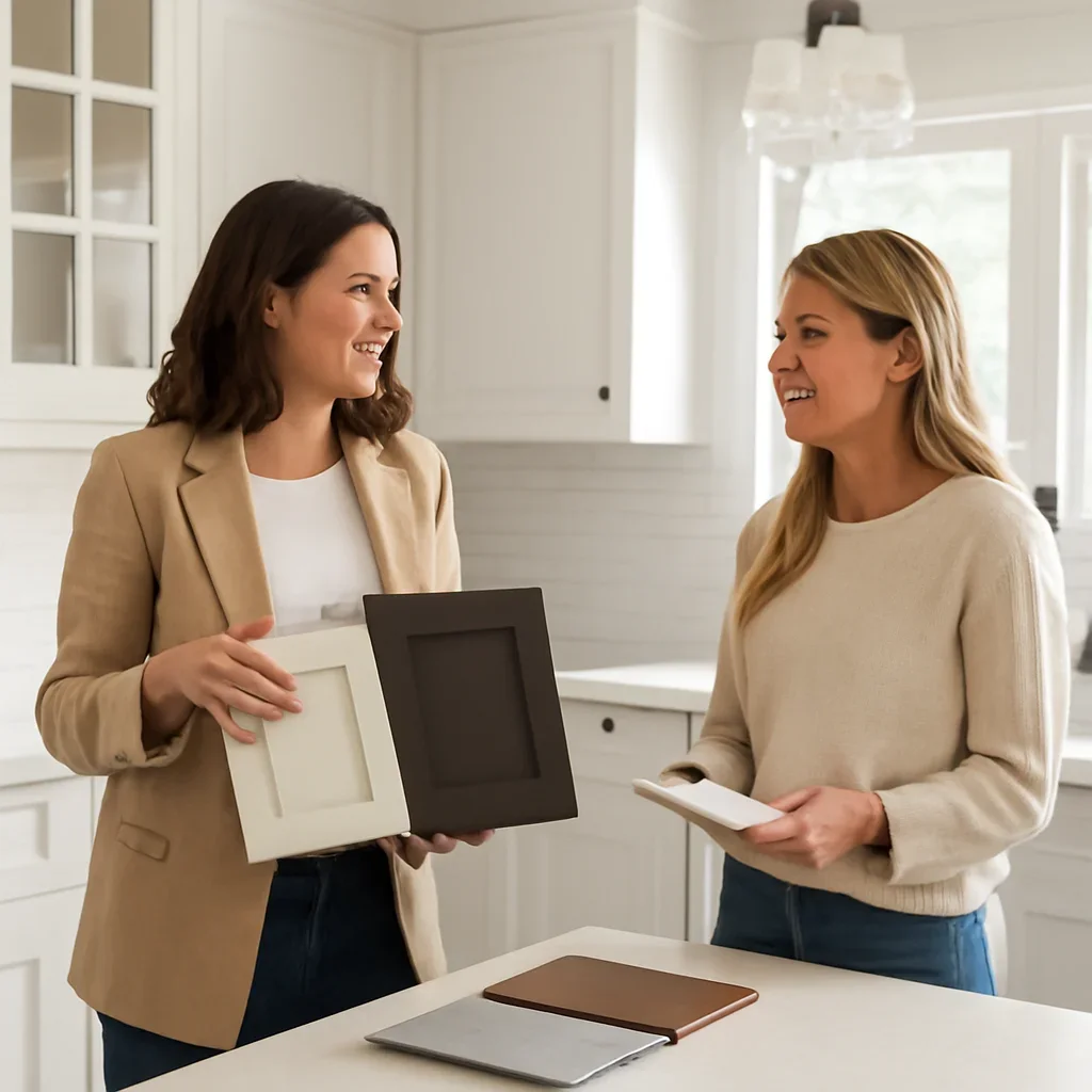 Designer and client discussing cabinetry and lighting selections in a bright kitchen