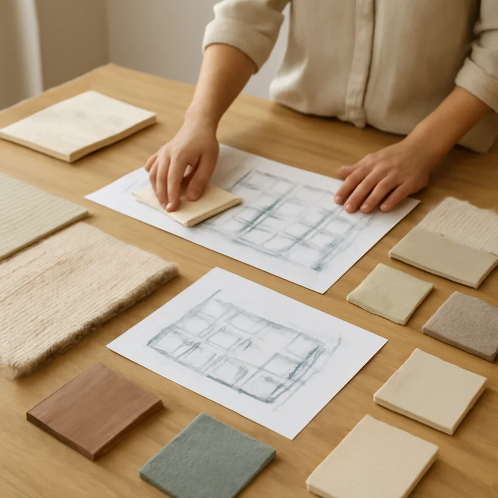 Designer reviewing finish boards and floor plans on a large studio table
