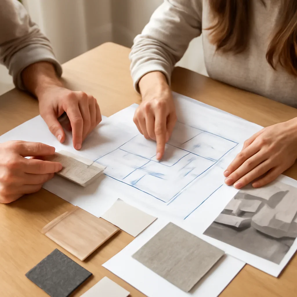 Design planning materials and collaborative review related to pointe-claire interior designer