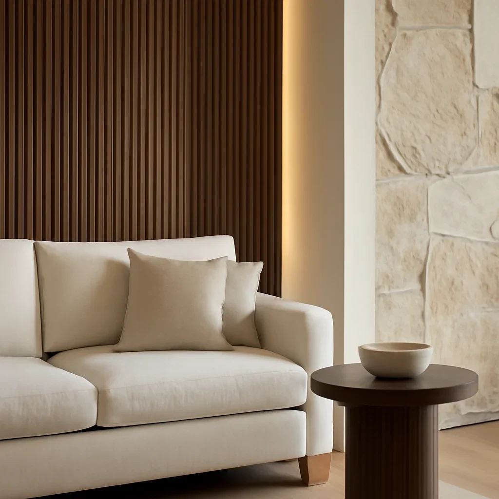 Finished interior detail connected to residential interior design with layered materials and lighting