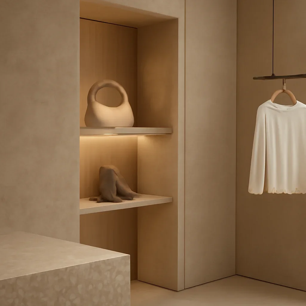 Finished interior detail connected to for retail & boutiques with layered materials and lighting