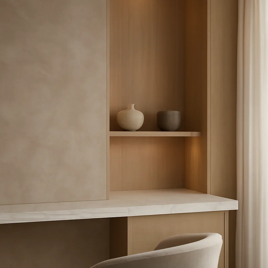 Finished interior detail connected to testimonials with layered materials and lighting